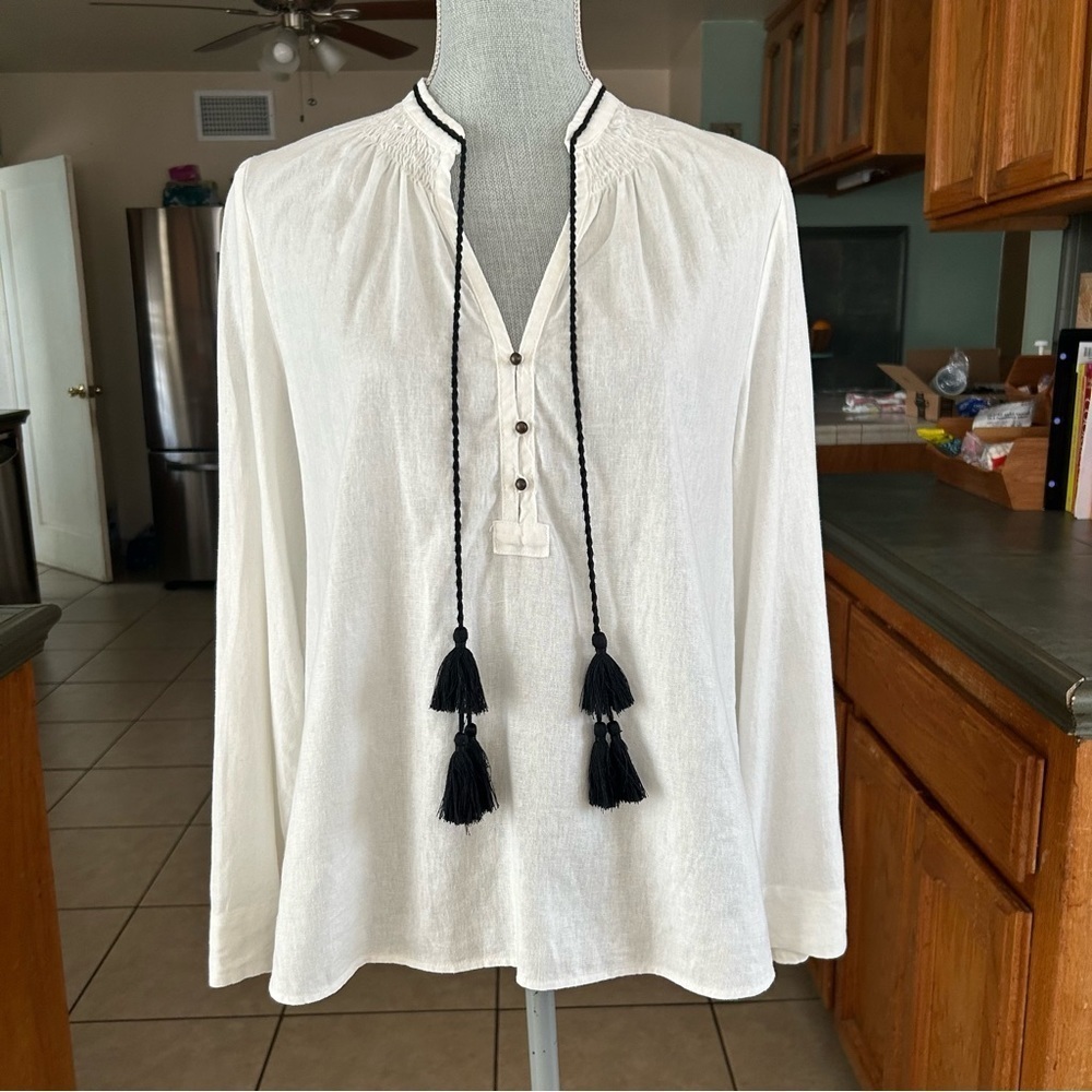 Zara Ivory Linen Blouse with Tassels -‎ Size Small - Please Read